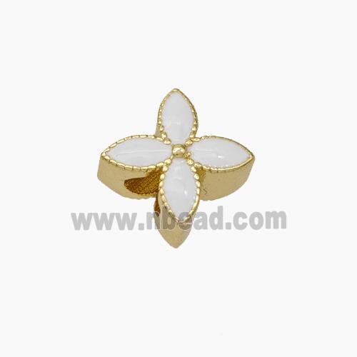 Copper Clover Beads White Enamel Large Hole Gold Plated