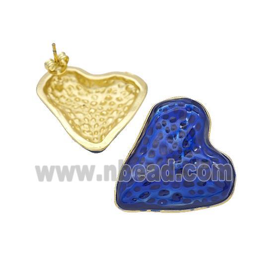 Copper Heart Stud Earrings Blue Painted Gold Plated