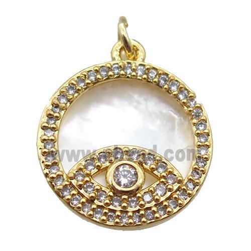copper circle eye pendant paved zircon, gold plated, shell backing