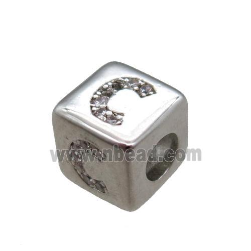 copper cube letter-C beads pave zircon, platinum plated