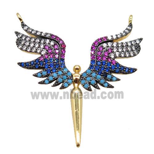 copper angel wing pendant pave zircon with 2loops, gold plated