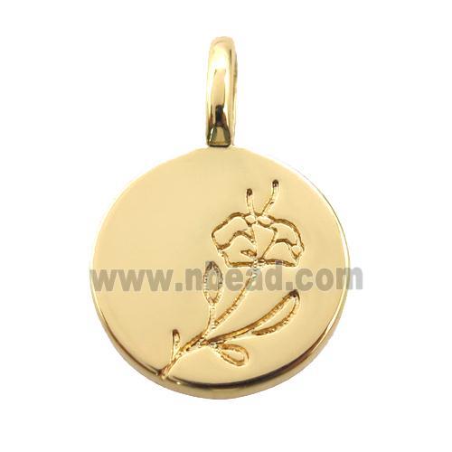 copper circle pendant, flower, gold plated