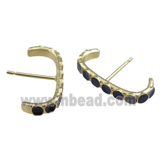 copper Stud Earrings with darkblue enameled, gold plated