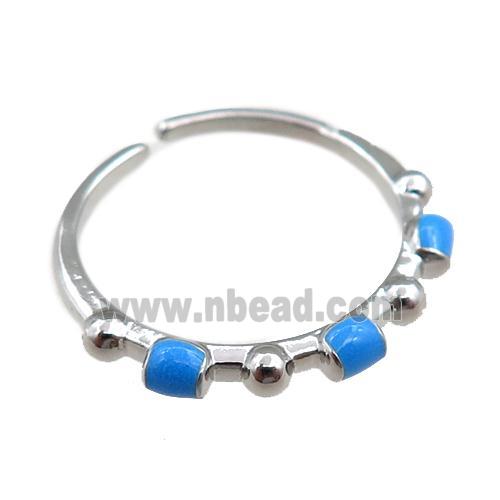 copper Rings with blue enameled, adjustable, platinum plated
