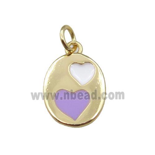 copper oval pendant with heart, enamel, gold plated