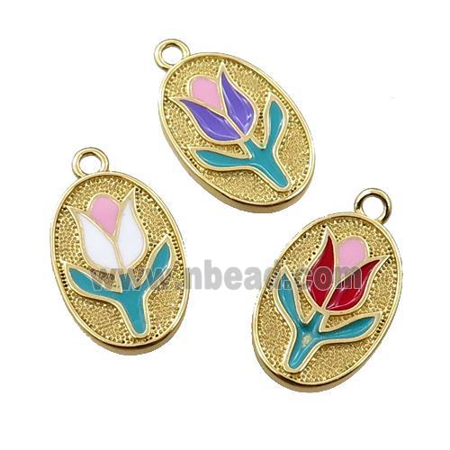 copper lotus pendant, oval, enameling, gold plated, mixed