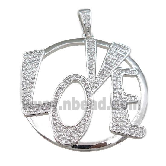 copper LOVE pendant pave zircon, platinum plated