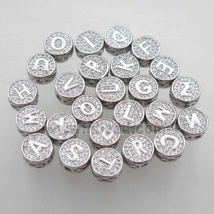 copper alphabet beads pave zircon, mix letter, platinum plated