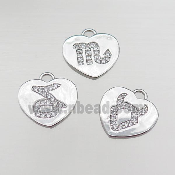 copper heart pendant pave zircon, mix zodiac, platinum plated