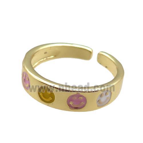 Copper Rings with enameling smileface, gold plated