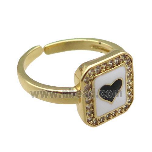 copper rings paved zircon with enameled, heart, adjustable, gold plated