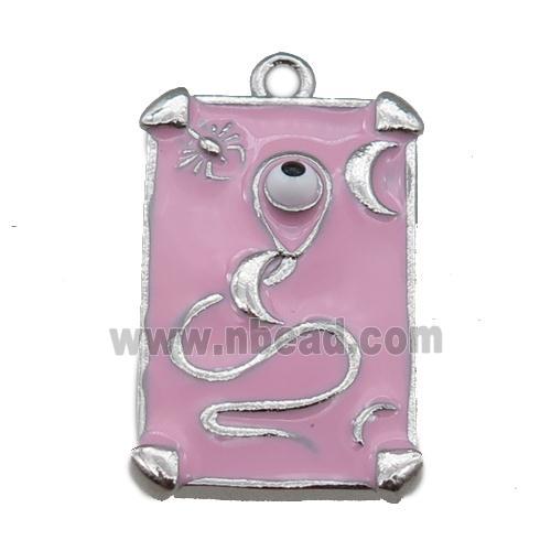 Copper Tarot Card Pendant with pink Enamel, Platinum Plated