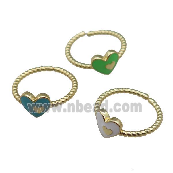 copper Ring with enamel heart, mix, adjustable, gold plated
