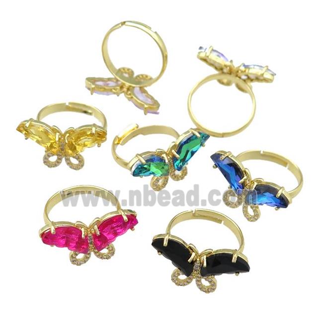 mixed Crystal Glass Butterfly Rings pave zircon, adjustable, gold plated