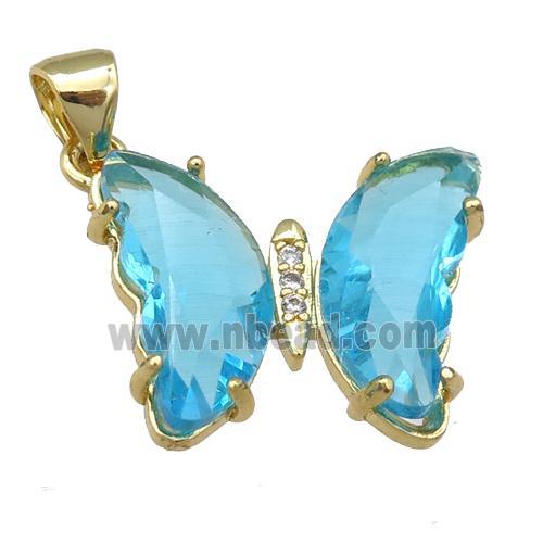 aqua Crystal Glass Butterfly Pendant, gold plated