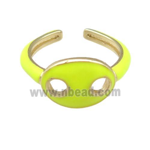 copper Rings with yellow enamel pignose, adjustable, gold plated
