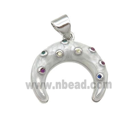 copper cerescent pendant with enamel pearlized resin, platinum plated