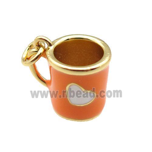 copper cup pendant with orange enamel, heart, gold plated