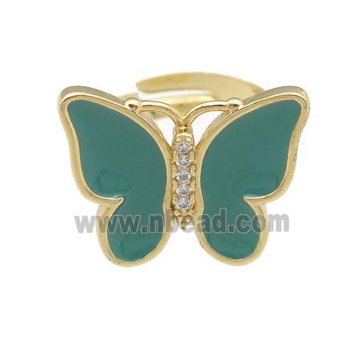 copper butterfly Rings with green enamel, adjustable, gold plated
