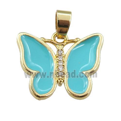 copper butterfly pendant with teal enamel, gold plated
