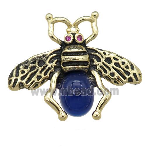 copper honeybee Connector with blue cats eye stone, antique gold