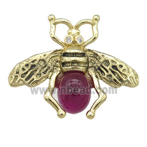 copper honeybee Connector with red cats eye stone, antique gold