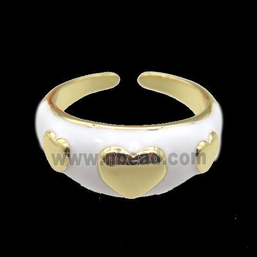 copper Ring with white enamel, heart, gold plated