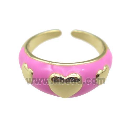 copper Ring with pink enamel, heart, gold plated