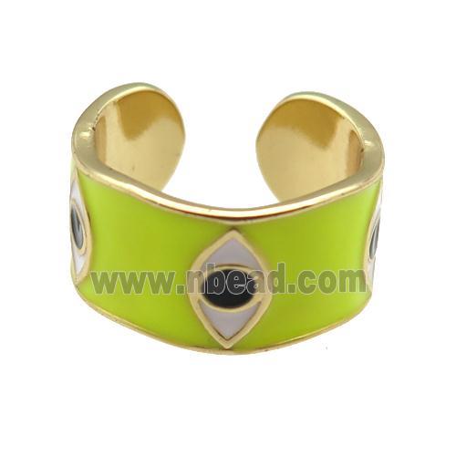 copper Ring with yellow enamel, evil eye, gold plated