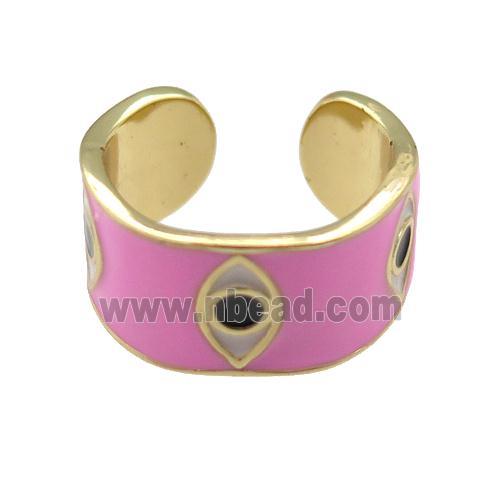 copper Ring with pink enamel, evil eye, gold plated