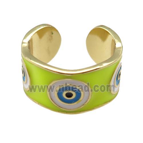 copper Ring with yellow enamel, evil eye, gold plated