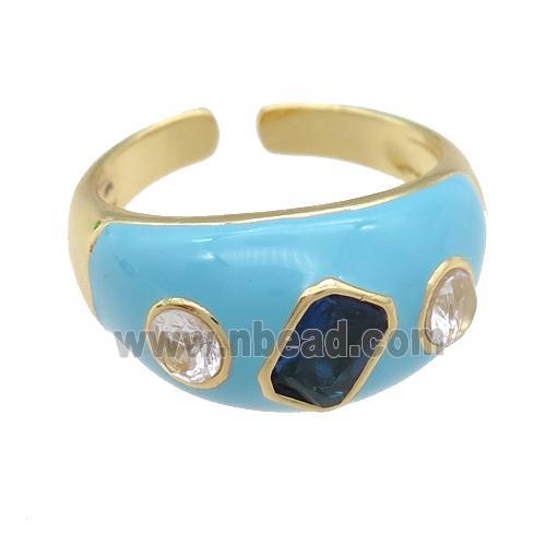 copper Rings paved zircon with lt.blue enamel, gold plated