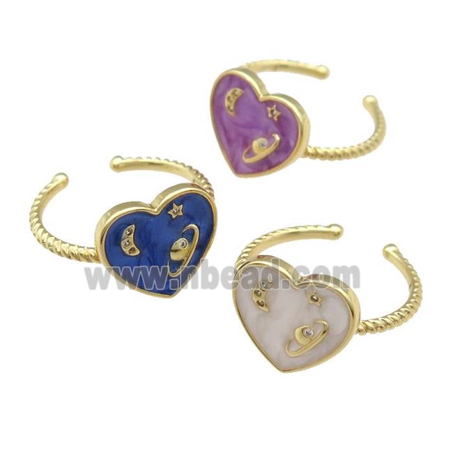 copper Ring with enamel heart, planet, gold plated, mixed