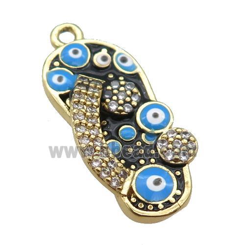 copper Shoe pendant paved zircon with black enamel, evil eye, gold plated