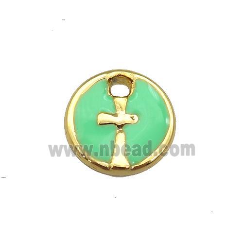 copper cross pendant with green enamel, circle, gold plated
