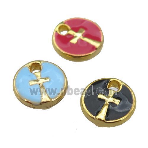 copper cross pendant with enamel, circle, gold plated, mixed