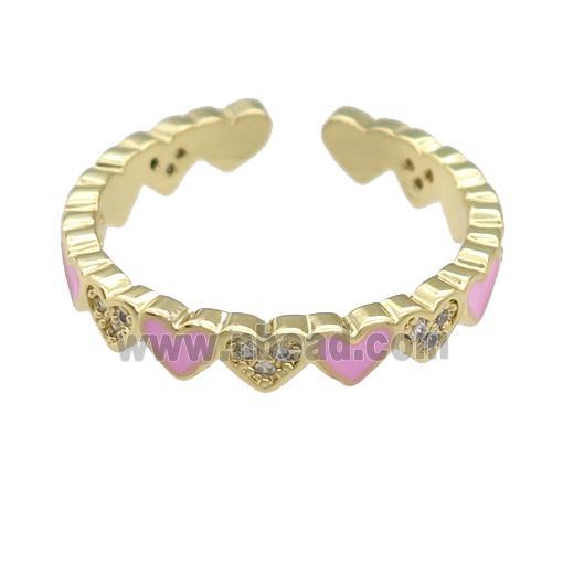 copper Ring paved zircon with pink enamel heart, gold plated