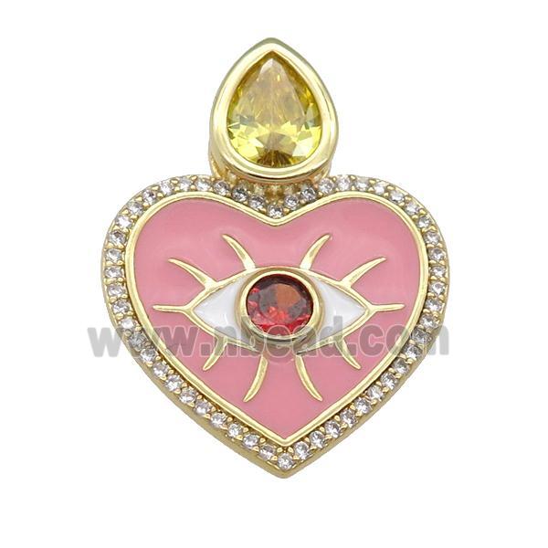 copper Heart pendant paved zircon with pink enamel, gold plated
