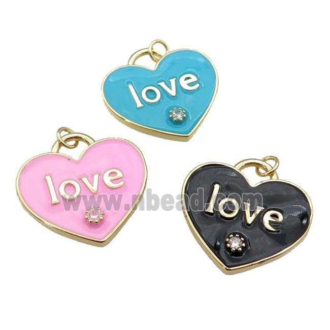 copper Heart pendant paved zircon with enamel, LOVE, gold plated, mixed