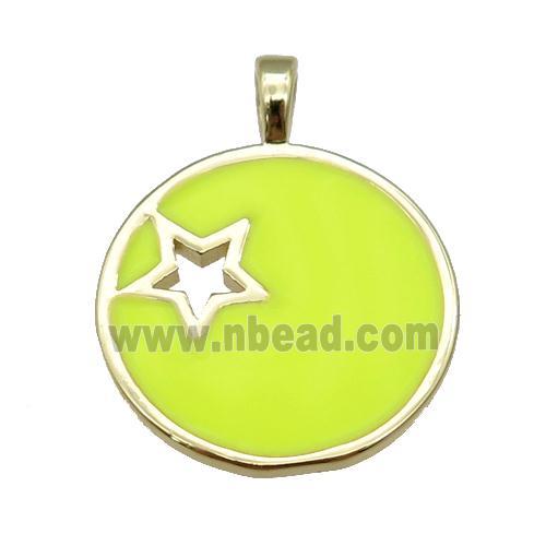 copper Circle pendant with yellow enamel, star, gold plated