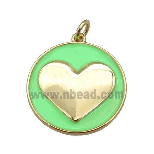 copper Circle pendant with green enamel, heart, gold plated
