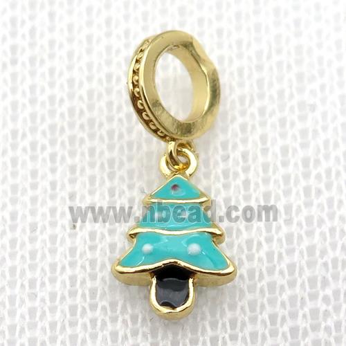 copper Christmas Tree pendant with teal enamel, large hole, gold plated