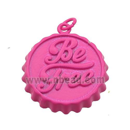 copper soda Bottle Cap pendant with hotpink fire Lacquered, Be Free