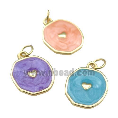 copper circle pendant with enamel, heart, gold plated, mixed