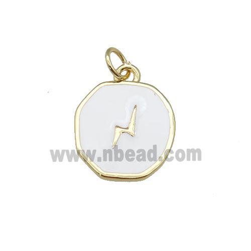 copper circle pendant with white enamel, lightning, gold plated