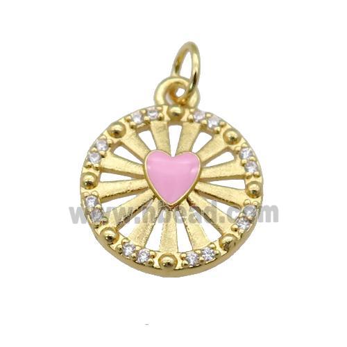 copper circle pendant paved zircon with pink enamel heart, gold plated