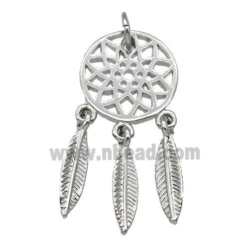 copper Dream Catcher pendant, feathers, platinum plated