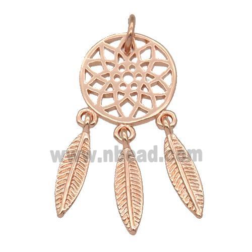 copper Dream Catcher pendant, feathers, rose gold