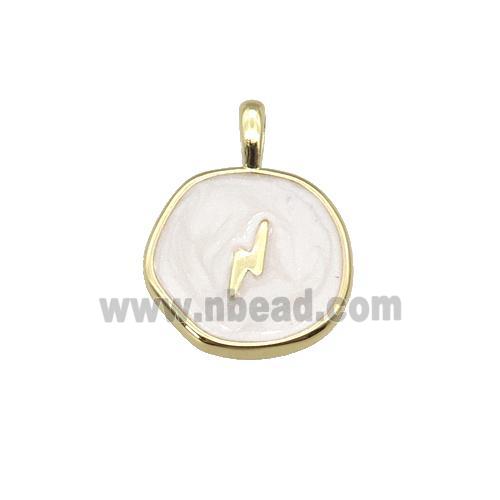 copper coin pendant with white enamel, lightning, gold plated