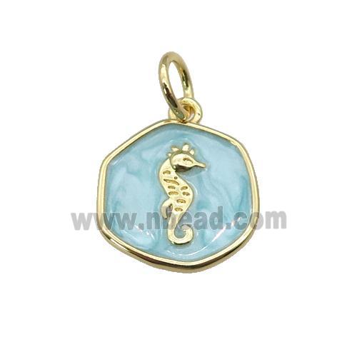 copper coin pendant with teal enamel, seahorse, gold plated